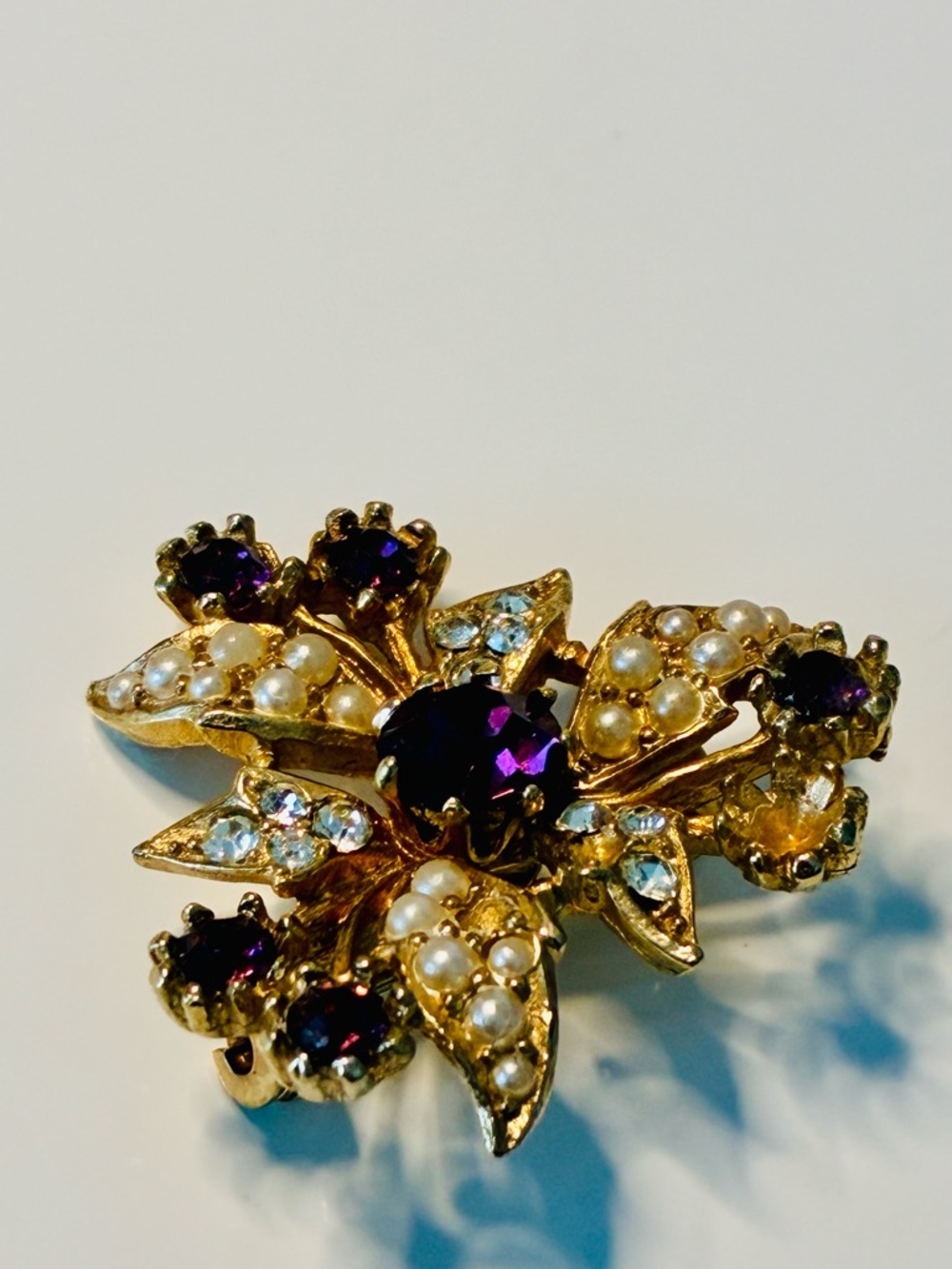 Gold-Tone Floral Brooch with Pearls & Deep Purple Austrian Crystal Stones READ